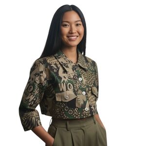 NWT Jeans Crop Jacket Boom Boom Jeans Camo Cartoon Print Sz Sm USA